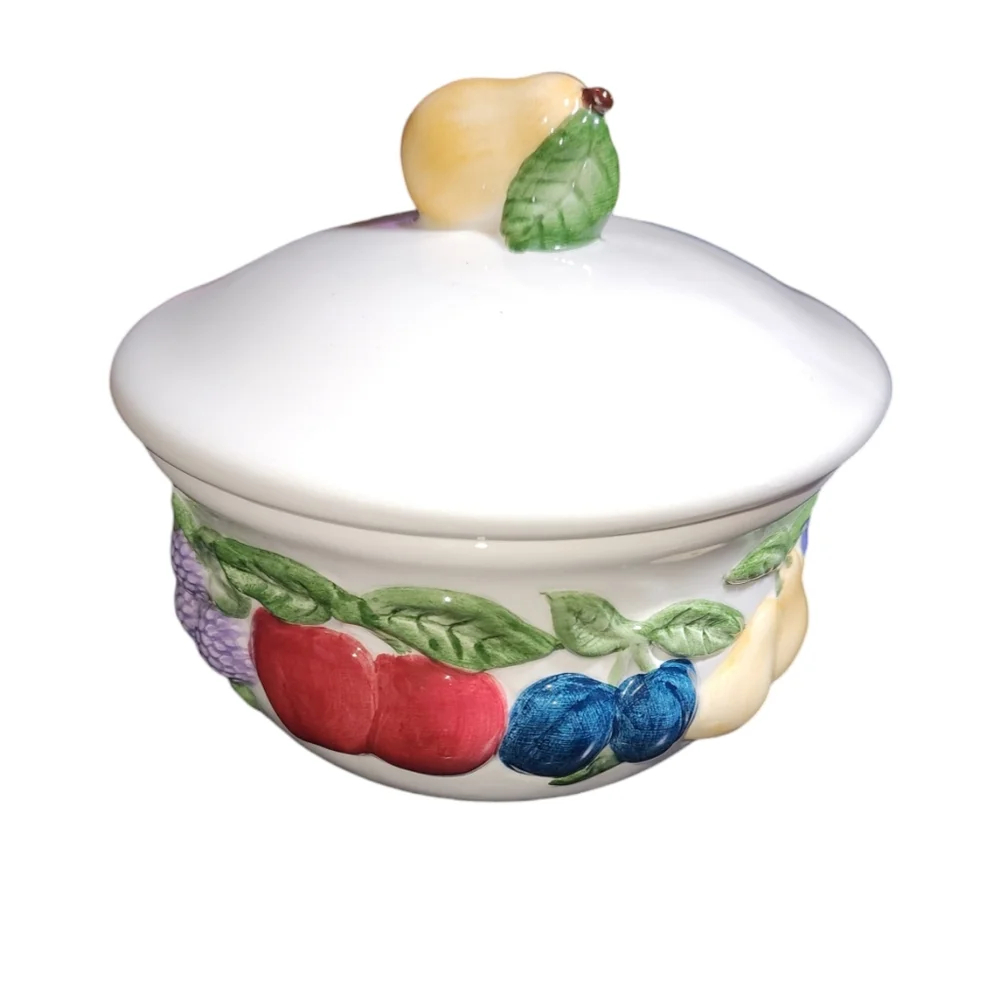 Vintage Lillian Vernon Colorful Fruit Accented White Lidded Ceramic Bowl 5